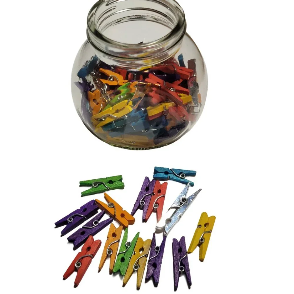 Jug of Multi-Colored Small, Med. Large Wooden Beads & Small Colored Clothespins